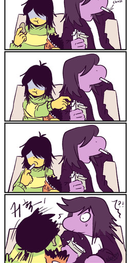 adolescent anthro biped border chalk chips_(food) clothed clothing duo female food hair hair_over_eyes interrobang male simple_background white_border young neonkalistar202 deltarune undertale_(series) kris_dreemurr susie_(deltarune) human mammal reptile scalie 2018 comic digital_media_(artwork) hi_res
