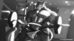 2018 anthro balls barbell bicep_curl bodily_fluids bulge clothing erection exercise felid gage_the_panther genital_fluids genitals greyscale humanoid_genitalia humanoid_penis jockstrap looking_at_viewer male mammal monochrome muscular muscular_anthro muscular_male nipples open_mouth open_smile pantherine partially_exposed_penis patreon penis precum smile solo standing thick_penis underwear weightlifting werethrope workout
