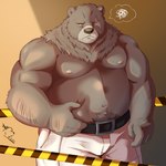 anthro belly big_belly bottomwear brown_body brown_fur brown_nose bulge clothing fur humanoid_hands kemono male moobs nipples overweight overweight_male pants scar solo fi94014131 hfengfffff mihoyo zenless_zone_zero ben_bigger bear mammal 1:1 2023