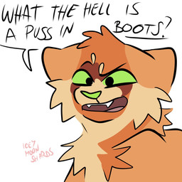 cheek_tuft confusion dialogue ears_back eyebrows facial_tuft fangs feral fur fuzzy green_eyes green_nose head_tuft male neck_tuft open_mouth orange_body orange_fur pivoted_ears question raised_eyebrow simple_background solo speech_bubble teeth text tuft white_background iceymoonshards warriors_(book_series) firestar_(warriors) domestic_cat felid feline felis mammal 1:1 hi_res signature male_(lore)