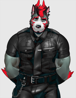 anthro arm_tuft belt bottomwear breath chain clothing ear_piercing elbow_tuft facial_piercing fur gauged_ear green_body green_fur hair hand_behind_back horn jacket leather leather_bottomwear leather_clothing leather_jacket leather_pants leather_topwear looking_at_viewer male multicolored_body multicolored_fur muscular muscular_male necktie nose_piercing nose_ring one_eye_closed panting pants piercing red_body red_eyes red_fur red_hair red_horn ring_piercing solo topwear tuft white_body white_fur wristband takahirosi o_(takahirosi) canid canine mammal 2020 hi_res