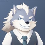 anthro black_nose blue_eyes clothing eyebrows fur grey_background grey_body grey_fur grin grinning_at_viewer hair long_hair looking_at_viewer male necktie shirt simple_background smile smiling_at_viewer solo teeth_showing thick_eyebrows topwear vest white_body white_fur littlehyper lagoon_lounge sousuke_inami canid canine canis domestic_dog mammal 1:1 bust_portrait hi_res portrait