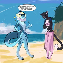 anthro beach black_body black_fur blue_body blue_eyes casual_nudity claws convenient_censorship covering covering_self duo embarrassed femboy fur male male/male multicolored_body multicolored_fur nude_beach nude_male nudist scar speech_bubble tail text towel belsito nintendo pokemon collins_(nat_boi) nat_(nat_boi) domestic_cat eeveelution felid feline felis generation_1_pokemon mammal pokemon_(species) tuxedo_cat vaporeon 1:1 english_text hi_res