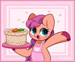 apron big_ears blue_eyes blush braided_hair cake clothing dessert eyelashes female feral fetlocks food hair happy heart-shaped_pupils heart_symbol holding_object hooves open_mouth open_smile orange_body pink_hair pink_hooves plate purple_hair smile solo kittyrosie hasbro mlp_g5 my_little_pony sunny_starscout_(mlp) earth_pony equid equine horse mammal pony 2023 absurd_res digital_media_(artwork) hi_res