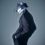 anthro black_tie_(suit) blue_body blue_hair clothing fur grey_body hair hair_over_eye male one_eye_obstructed pose posed simple_background smile solo suit white_body white_fur yellow_eyes stophon canid canine canis domestic_dog hybrid mammal wolf wolfdog 1:1 cool_colors hi_res