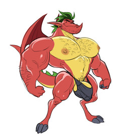 anthro biceps big_muscles black_hair body_hair bulge chest_hair claws clothing digitigrade ear_piercing ear_ring green_hair hair male membrane_(anatomy) membranous_wings muscular muscular_anthro muscular_male pecs piercing red_body ring_piercing simple_background smile solo stubble tail thong underwear white_background wings yellow_body analon_(artist) american_dragon:_jake_long disney mythology jake_long dragon mythological_creature mythological_scalie scalie