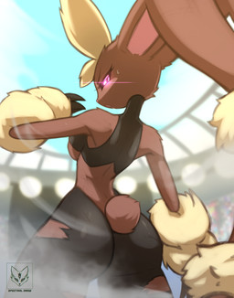 anthro arm_tuft big_butt black_claws black_clothing black_leggings black_legwear black_sclera black_top blush blush_lines bodily_fluids breast_squish breasts brown_body brown_ears brown_fur brown_tail butt claws clothing female fur head_tuft leggings legwear long_ears long_lashes looking_at_viewer looking_back medium_breasts outside pink_eyes pink_inner_ear rear_view scut_tail short_tail shoulder_tuft snout solo squish standing sweat sweaty_face tail torn_clothing torn_leggings torn_legwear tuft spectral_draw nintendo pokemon generation_4_pokemon generation_6_pokemon lopunny mega_evolution mega_lopunny pokemon_(species) 2024 absurd_res hi_res signature
