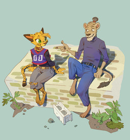 3_toes anthro barefoot belt bottomwear brown_body brown_fur claws clothing collar denim denim_bottomwear denim_clothing detailed_background duo feet female finger_claws finger_gun fur gesture green_eyes grey_pawpads hair hair_bun hand_gesture head_tuft jeans jersey long_sleeves long_tail looking_at_another male markings on_wall pants pawpads paws pointy_ears raised_leg red_eyes round_ears shirt sitting spots spotted_body spotted_fur striped_markings stripes sweater tail tail_tuft tied_hair toe_claws toes topwear torn_bottomwear torn_clothing torn_jeans torn_pants tuft turtleneck yellow_body yellow_fur ruffu pepper_(ruffu) unnamed_character felid feline lion mammal pantherine digital_drawing_(artwork) digital_media_(artwork)