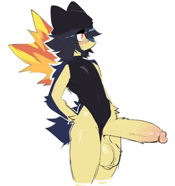 anthro balls bangs big_balls big_penis black_clothing black_hair black_leotard blue_body blue_fur blush bodily_fluids clothed clothing erection femboy fur genitals glans glistening glistening_body hair huge_penis humanoid_genitalia humanoid_penis hung_femboy leotard male nervous nervous_sweat no_underwear penis red_eyes simple_background solo standing sweat white_background yellow_body yellow_fur shiyaa_stuff nintendo pokemon generation_2_pokemon pokemon_(species) typhlosion colored colored_sketch flat_colors sketch