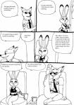 2016 anthro bernielover black_and_white canid canine car car_seat clothed clothing comic container cup cup_holder dialogue disney duo english_text eyewear female flexible fox frown hi_res humor inside_car judy_hopps lagomorph leporid male mammal monochrome necktie nick_wilde outside police police_officer pose rabbit raised_leg red_fox simple_background sitting smile standing sunglasses text true_fox vehicle white_background zootopia