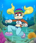 anthro blonde_hair bottomwear clothed clothing ear_piercing ear_ring feet female fingers footwear fully_submerged fur hair hat headgear headwear holding_breath hoop_ear_ring midriff navel pants piercing plant ponytail ring_piercing sandals shoes solo swimming tail toes topwear underwater water luchosfactory donkey_kong_(series) nintendo tiny_kong haplorhine kong mammal monkey primate 5:6 absurd_res digital_media_(artwork) hi_res