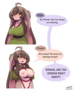 ahoge amber_eyes anthro areola arm_tuft blush bondage_gear bondage_straps breasts brown_body brown_fur brown_hair chest_tuft clothed clothed_anthro clothed_female clothing clothing_lift dialogue dipstick_ears ear_markings eyebrow_through_hair eyebrows eyelashes female female_anthro fingers floppy_ears fur hair long_ears long_hair lop_ears markings multicolored_ears nipples offscreen_character open_mouth shoulder_tuft simple_background solo speech_bubble text translucent translucent_hair tuft white_background jo-vee-al bra_strap_showing_(meme) phoebe_(jo-vee-al) domestic_rabbit lagomorph leporid lop_rabbit mammal oryctolagus rabbit 2026 digital_media_(artwork) english_text hi_res meme