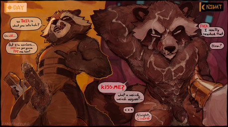 after_sex angry anthro armpit_hair balls bodily_fluids body_hair brown_body brown_fur brown_penis brown_skin clothing cum cum_drip cum_on_chest cum_on_face dark_body dark_penis dark_skin dialogue dripping erection foreskin front_view fur genital_fluids genitals hairy_balls jumpsuit male muscular muscular_anthro muscular_male musk musky_balls musky_penis penis precum precum_drip precum_through_clothing profanity pubes seductive solo sweat text tight_clothing wet wet_clothing whiskers fanofthefurr guardians_of_the_galaxy marvel rocket_raccoon mammal procyonid raccoon absurd_res english_text hi_res