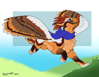 ambiguous_gender beak blue_eyes chest_tuft feathered_wings feathers female female/ambiguous feral fur happy open_beak open_mouth orange_body orange_fur raised_wings running scarf simple_background tail tail_feathers tuft wings blajn mythology avisleaena avian gryphon mythological_avian mythological_creature