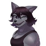 anthro clothing female fur grey_body grey_fur muscular muscular_anthro muscular_arms muscular_female one_eye_closed shirt simple_background solo tank_top topwear white_background wink 20daysapple canid canine canis mammal wolf 1:1 2021 hi_res