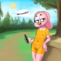 anthro bedroom_eyes bodypaint cellphone cloud electronics female fur genitals loli narrowed_eyes nipples nude outside painted_clothing phone pink_body pink_fur plant public public_nudity seductive sky smartphone solo standing sun teeth tongue tree vulva young young_anthro young_female zambs cartoon_network the_amazing_world_of_gumball anais_watterson lagomorph leporid mammal rabbit 1:1 2023 digital_media_(artwork) hi_res
