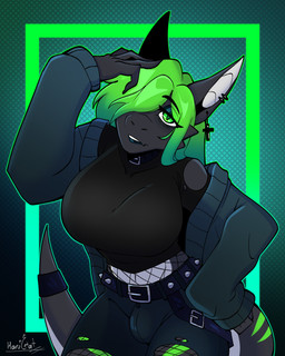 alternative_fashion anthro big_breasts biped bottomwear breasts bulge clothing cross dotted_background ear_piercing fishnet_clothing fishnet_legwear goth gradient_background green_eyes green_hair gynomorph gynomorph_anthro hair intersex intersex_anthro jacket legwear pants pattern_background piercing simple_background solo topwear torn_bottomwear torn_clothing torn_pants harucat mythology dreik_(drakeraynier) dragon mythological_creature mythological_scalie scalie 4:5 absurd_res hi_res busty_boy_(lore)