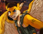 aggressive angry anthro arm_tattoo blue_eyes braided_hair brown_hair bulletproof_vest camo camo_clothing camo_print camo_topwear camo_vest clenched_teeth clothing death_stare ear_piercing ear_ring ear_tuft eyebrows eyes_on_wings fangs feathered_wings feathers fighting_pose flexible frown fur fur_tuft furgonomics glare glistening glistening_eyes gold_(metal) gold_jewelry growling hair industrial_background inner_ear_fluff intimidation jewelry light looking_at_viewer looking_back looking_back_at_viewer male military_clothing movie_reference multicolored_body multicolored_fur multiple_ear_ring pattern_clothing pattern_topwear pattern_vest piercing pose rage_face raised_eyebrow rattail_(hairstyle) ring_piercing scowl scrunchy_face shadow snarling solo sparks spread_wings tattoo teeth thick_eyebrows topwear tuft two_tone_body two_tone_face two_tone_fur two_tone_wings unusual_anatomy unusual_eye_placement unusual_wings vest whisker_spots white_body white_feathers white_fur white_inner_ear_fluff white_wings wings yellow_body yellow_feathers yellow_fur yellow_wings shirovalen james_cameron's_avatar the_hunger_games okari angel canid canine fox hybrid mammal 2023 5:4 artist_name half-length_portrait hi_res portrait signature