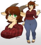 anthro black_horn blue_bottomwear blue_clothing blue_jeans blue_pants bottomwear breasts brown_hair chest_tuft clothing cloven_hooves denim denim_bottomwear denim_clothing digit_ring eyewear female flannel_shirt glasses hair hooves horn jeans jewelry pants red_clothing red_shirt red_topwear ring shirt short_hair simple_background solo topwear tuft wearing_glasses wedding_ring white_background 00niine hannah_(ensodonut) bovid caprine goat mammal 2024 hi_res signature