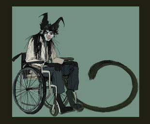 anthro black_body black_fur border bottomwear clothed clothed_anthro clothed_male clothing coat disability fully_clothed fully_clothed_anthro fully_clothed_male fur green_background hair lab_coat long_hair long_tail male male_anthro medical_instrument pants scientific_instrument shirt simple_background sitting solo tail topwear vehicle wheelchair yellow_border jeffusherb pascal_(jeffusherb) domestic_cat felid feline felis mammal