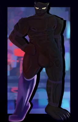 anthro balls barefoot big_balls black_body black_fur black_nipples city cityscape claws feet foreskin fur genitals glans green_eyes hand_on_hip humanoid_genitalia humanoid_penis male missing_leg muscular muscular_anthro muscular_male nipples nude partially_retracted_foreskin paws penis prosthetic prosthetic_limb public public_nudity solo standing street tattoo vein veiny_penis zenith_arts felid mammal pantherine absurd_res hi_res