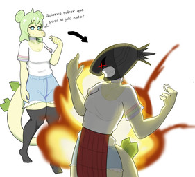 anthro blue_eyes bottomwear breasts choker clothing cosplay denim denim_bottomwear denim_clothing denim_shorts dialogue explosion explosives eyelashes feet female fingers green_body green_hair green_scales grenade hair jewelry legwear long_tail looking_at_viewer necklace scales sharp_teeth shorts simple_background smile snout solo spikes spikes_(anatomy) tail talking_to_viewer teeth text thigh_highs toes weapon white_background sodawave_(artist) cavemanon_studios chainsaw_man goodbye_volcano_high ko_op_(game_developer) snoot_game stella_(gvh_beta) dinosaur ornithischian prehistoric_species reptile scalie stegosaurian stegosaurus thyreophoran 2023 digital_drawing_(artwork) digital_media_(artwork) hi_res spanish_text translation_check translation_request