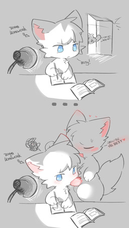 ambiguous_gender anthro blue_eyes bodily_fluids cheek_tuft chest_tuft distracted distracted_sex duo facial_tuft fellatio forced forced_oral fur genitals heart_symbol homework male male/ambiguous oral penile penis saliva sex sweat sweatdrop tuft white_body white_fur young kirichiiii domestic_cat felid feline felis mammal hi_res