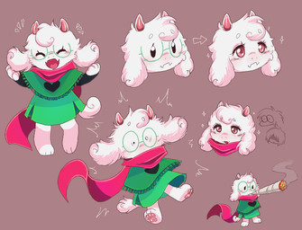 2_horns anthro barefoot clothed clothed_anthro clothing feet floppy_ears fur green_clothing grey_background horn lop_ears male pawpads paws pink_eyes pink_horn pink_pawpads pink_scarf scarf simple_background solo tail white_body white_fur m0n0m0nk11 deltarune ralsei_smoking_blunt undertale_(series) ralsei bovid caprine goat mammal multiple_images