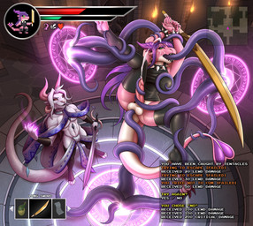 3_toes anal anal_penetration anthro balls black_clothing black_leggings black_legwear black_shirt black_topwear blue_hair blue_horn bodily_fluids bracelet breasts clothing collar countershading cum cum_on_face double_penetration dungeon duo ejaculation feet gameplay_mechanics genital_fluids genitals gui gynomorph hair health_bar holding_melee_weapon holding_object holding_sword holding_weapon horn hud inside intersex intersex_penetrated jewelry leggings legwear magic magic_circle magic_user male melee_weapon oral oral_penetration penetration penis pink_body portal restrained restrained_by_tentacles sex shirt spiked_bracelet spiked_collar spikes summoning_circle sword tentacle_in_ass tentacle_in_mouth tentacle_penetration tentacle_sex tentaclejob tentacles tentacles_around_penis tentacles_on_gynomorph tentacles_penetrating_gynomorph text toes topwear weapon white_body white_countershading growingdragon mythology geary nora_(stove2) dragon mythological_creature mythological_scalie scalie 2025 english_text hi_res