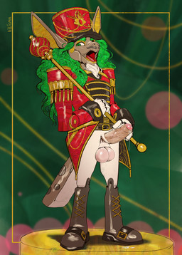 anthro ball_stretcher bodily_fluids boots bottomwear clothing erection footwear genital_fluids green_hair hair implied_transformation jacket leaking_precum long_hair looking_at_viewer male military_uniform nutcracker open_mouth pants precum red_clothing red_jacket red_topwear sceptre shoes solo topwear uniform white_bottomwear white_clothing white_pants killioma mythology brooke_(goobinsnoobin) kobold mythological_creature mythological_scalie scalie 2025 absurd_res hi_res