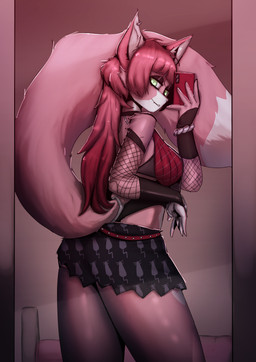 anthro bedroom_eyes big_breasts big_butt blush bottomwear breasts butt clothed clothing cosplay ear_piercing fangs female fishnet_clothing fluffy fluffy_tail fur green_eyes hair looking_at_viewer looking_back mirror mirror_selfie narrowed_eyes piercing pink_body pink_hair seducing_viewer seductive selfie simple_background skimpy skirt smile solo tail teeth thick_thighs lizzard_sama mihoyo zenless_zone_zero daisy_(katson) jane_doe_(zenless_zone_zero) domestic_cat felid feline felis mammal absurd_res comic digital_media_(artwork) hi_res