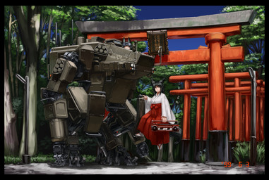ambiguous_gender asian_clothing black_border black_hair boombox border bottomwear clothing day duo east_asian_clothing eyewear eyewear_on_head female footwear forest goggles goggles_on_head hair hakama hakama_skirt holding_boombox japanese_clothing machine mecha miko_outfit plant red_bottomwear red_clothing red_hakama socks tabi_socks torii tree white_clothing white_footwear white_socks zori ricebirdmon animal_humanoid canid canid_humanoid canine canine_humanoid fox_humanoid humanoid mammal mammal_humanoid absurd_res hi_res