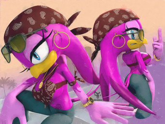 anthro back_tattoo beak big_breasts blue_body blue_fur breasts clock ear_piercing ear_ring eyewear feathers female fur gesture hand_gesture jewelry kerchief middle_finger navel navel_piercing necklace piercing purple_body purple_feathers ring_piercing solo sunglasses tattoo watch wristwatch yellow_beak m0lag sega sonic_riders sonic_the_hedgehog_(series) wave_the_swallow avian bird hirundinid oscine passerine swallow_(bird) 2026 3d_(artwork) 4:3 digital_media_(artwork) hi_res