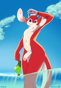 antennae_(anatomy) anthro athletic athletic_anthro athletic_male balls blue_sky clothing cloud foreskin fur genitals glans green_clothing green_swimwear holding_clothing holding_object holding_swimwear humanoid_genitalia humanoid_penis male monotone_clothing monotone_swimwear multicolored_antennae navel nipples nude partially_retracted_foreskin partially_submerged penis pink_glans pink_nipples red_antennae red_body red_fur red_tail sky solo speedo swimwear tail text two_tone_antennae two_tone_tail vein veiny_penis white_balls white_penis shiuk disney lilo_and_stitch fan_character ferlo alien experiment_(lilo_and_stitch) 2021 2022 absurd_res character_name hi_res url