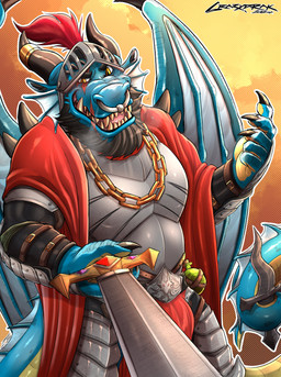 abstract_background anthro armor beard black_beard black_facial_hair black_horn blue_body bulge chain_necklace claws clothed clothing facial_hair finger_claws front_view grin holding_melee_weapon holding_object holding_sword holding_weapon horn jewelry looking_at_viewer male melee_weapon membrane_(anatomy) membranous_wings muscular muscular_anthro muscular_male necklace orange_eyes pink_tongue smile solo standing sword tongue weapon white_frill white_wings wings crazydrak mythology bryan_(jrbart) dragon mythological_creature mythological_scalie scalie absurd_res hi_res portrait three-quarter_portrait