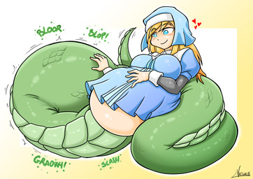 after_vore apode belly blonde_hair blue_clothing blue_eyes breasts clothing female group hair legless monster_girl_(genre) overweight serpentine simple_background split_form trio vore white_background natsumemetalsonic monster_girl_quest draconcopode lamia reptile scalie snake 2023 absurd_res hi_res