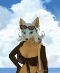 anthro big_breasts breasts clothing ear_piercing ear_ring eyewear female hair hoop_ear_ring makeup nipple_piercing nipples piercing ring_piercing solo sunglasses translucent translucent_clothing pragm sega sonic_the_hedgehog_(series) rouge_the_bat bat mammal absurd_res hi_res