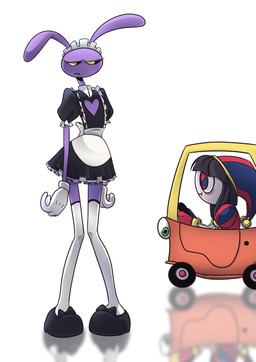 4_fingers annoyed anthro bent_legs clothed clothing crossdressing driving_kart duo ears_down eyelashes female fingers half-closed_eyes heart_symbol larger_male long_eyelashes looking_down maid_headdress maid_uniform male narrowed_eyes neutral_expression pedal_car pivoted_ears reflection simple_background size_difference slouching smaller_female standing toy_car uniform white_void screaming_alice glitch_productions little_tikes the_amazing_digital_circus jax_(tadc) pomni_(tadc) humanoid lagomorph leporid mammal rabbit absurd_res hi_res
