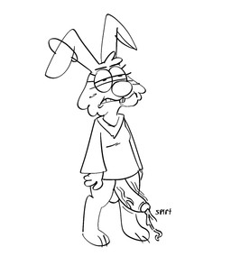 anthro balls ejaculation genitals gynomorph intersex narrowed_eyes penis solo squint standing text crazymazies angel_hare the_east_patch angel_maddy hi_res monochrome