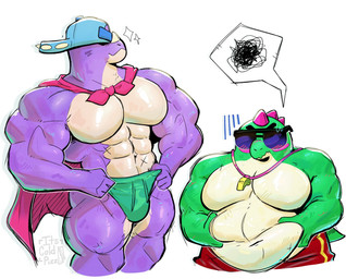 abs anthro barazoku belly biceps blush bottomwear bulge cape clothing comparing duo eyewear green_body hands_on_hips hat headgear headwear male male/male muscular muscular_anthro muscular_arms muscular_male navel nervous overweight overweight_male pecs scribbles shorts shy smile sparkles speedo sunglasses swimwear thick_thighs whistle_(object) its_coldpizza brawl_stars supercell_(company) buzz_(brawl_stars) pierce_(brawl_stars) dinosaur prehistoric_species reptile scalie hi_res watermark