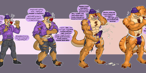 abs anthro armpit_hair aroused balls beanie biceps big_muscles bodily_fluids body_hair body_size_growth bulge chest_tuft claw_growth claws clothed clothing covered_eyes cum cum_drip cum_in_clothing cum_in_jockstrap cum_in_underwear cum_through_clothing cum_through_jockstrap cum_through_underwear cumshot dialogue dripping drooling ejaculation eyewear genital_fluids genital_growth genitals glasses growth hat headgear headwear holding_penis humanoid_genitalia humanoid_penis intelligence_loss jock jockification jockstrap jockstrap_on_face jockstrap_only male masturbation mind_control multicolored_body muscle_growth muscular muscular_anthro muscular_arms muscular_male muscular_thighs musk musk_clouds musky_armpit nerd orgasm pec_expansion pecs penis penis_growth personality_change pubes pubes_exposed saliva size_transformation smell sniffing snout solo species_transformation stripes sweat tail tail_growth tenting text topless torn_clothing transformation transformation_sequence tuft underwear underwear_only wet wet_clothing wet_underwear guacandchips dinosaur lizard lizardman prehistoric_species reptile scalie theropod tyrannosaurid tyrannosauroid tyrannosaurus tyrannosaurus_rex 2025 absurd_res digital_drawing_(artwork) digital_media_(artwork) english_text hi_res sequence