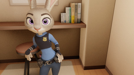 anthro arm_support badge belt blue_clothing book clothed clothing electronics female female_anthro fur furniture grey_body grey_ears grey_fur inside leaning leaning_on_elbow long_ears looking_at_viewer looking_up paws pink_nose police police_uniform pose purple_eyes radio shelf solo standing tail uniform wide_eyed incinereight_(artist) deltawing123_(modeler) disney zootopia judy_hopps lagomorph leporid mammal rabbit 16:9 3d_(artwork) digital_media_(artwork) hi_res widescreen