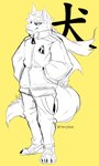 anthro clothed clothing male paw_shoes solo text zipper terryskaii_(artist) terry_skai canid canine canis domestic_dog mammal absurd_res hi_res japanese_text sketch translated