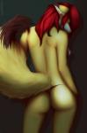 anthro biped breasts butt clothed clothing female hair rear_view red_hair side_boob skimpy solo standing topless goober. canid canine fox mammal hi_res