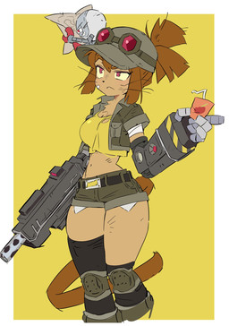 anthro arm_cannon belt bottomwear breasts brown_body brown_hair clothing crop_top duo eyebrows eyewear female goggles hair hat headgear headwear juice_box knee_pads machine magenta_eyes male midriff neck_tuft shirt shorts topwear tuft whiskers yellow_sclera gh92291 gameoverse glitch_productions kaboodle_(gameoverse) kit_bodega domestic_cat felid feline felis mammal robot 2026 hi_res