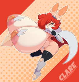 anthro areola armor big_breasts breasts eyebrows eyelashes female female_anthro hair heart_eyes heart_symbol huge_breasts hyper hyper_breasts looking_at_viewer melee_weapon orange_hair pasties short_hair solo sword text thick_thighs weapon bigdon1992 clare_(themushlord) lagomorph leporid mammal rabbit 2025 absurd_res character_name digital_media_(artwork) hi_res