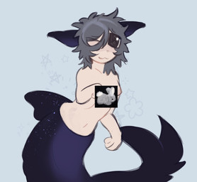black_ears blue_background breasts closed_smile female grey_hair hair mouth_closed nipples simple_background smile solo split_form littleperrito clinical_trial angel_martinez aquatic humanoid merfolk 2026 hi_res nonbinary_(lore)