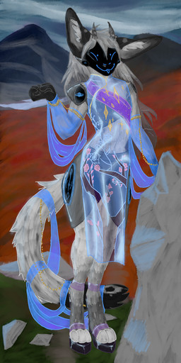 ambiguous_gender anthro blep blue_clothing chain clothing dress footwear gold_(metal) grey_body grey_hair hair high_heels horn inner_ear_fluff latex latex_clothing latex_dress long_hair machine platform_footwear platform_heels protogen_visor shoes silk solo tongue tongue_out translucent translucent_clothing translucent_dress translucent_latex tuft tundra evelyn_ivy protogen 1:2 hi_res