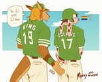 anthro armor baseball_cap baseball_uniform batting_helmet butt butt_grab clothing cloud dialogue duo ellipsis grope hand_on_butt hat headgear headwear helmet khakis male male/male narrowed_eyes onomatopoeia question_mark questioning_sexuality sky smile sound_effects speech_bubble sportswear text uniform wide_eyed murizy second_base jerry_dalmond_(second_base) parker_king_(second_base) canid canine canis dalmatian domestic_dog kangaroo macropod mammal marsupial hi_res