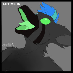 ambiguous_anthro ambiguous_gender anthro black_border blue_hair border cheek_tuft facial_tuft fur green_eyes green_tongue grey_background grey_body grey_fur hair no_eyebrows open_mouth simple_background solo text tongue tuft white_text year blizzmaster let_me_in_(meme) ambiguous_species 2021 bust_portrait digital_media_(artwork) english_text meme portrait signature